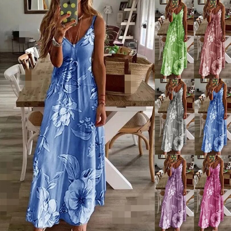 Plus Size Lady Spring Summer Dress Women V-Neck Long Dresses Elegant Casual Bohemian Sleeveless Women Beach Party Dress Woman - Image 6