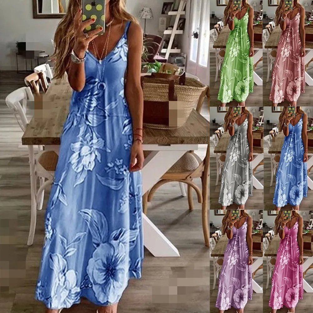 Plus Size Lady Spring Summer Dress Women V-Neck Long Dresses Elegant Casual Bohemian Sleeveless Women Beach Party Dress Woman