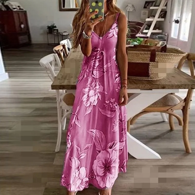 Plus Size Lady Spring Summer Dress Women V-Neck Long Dresses Elegant Casual Bohemian Sleeveless Women Beach Party Dress Woman