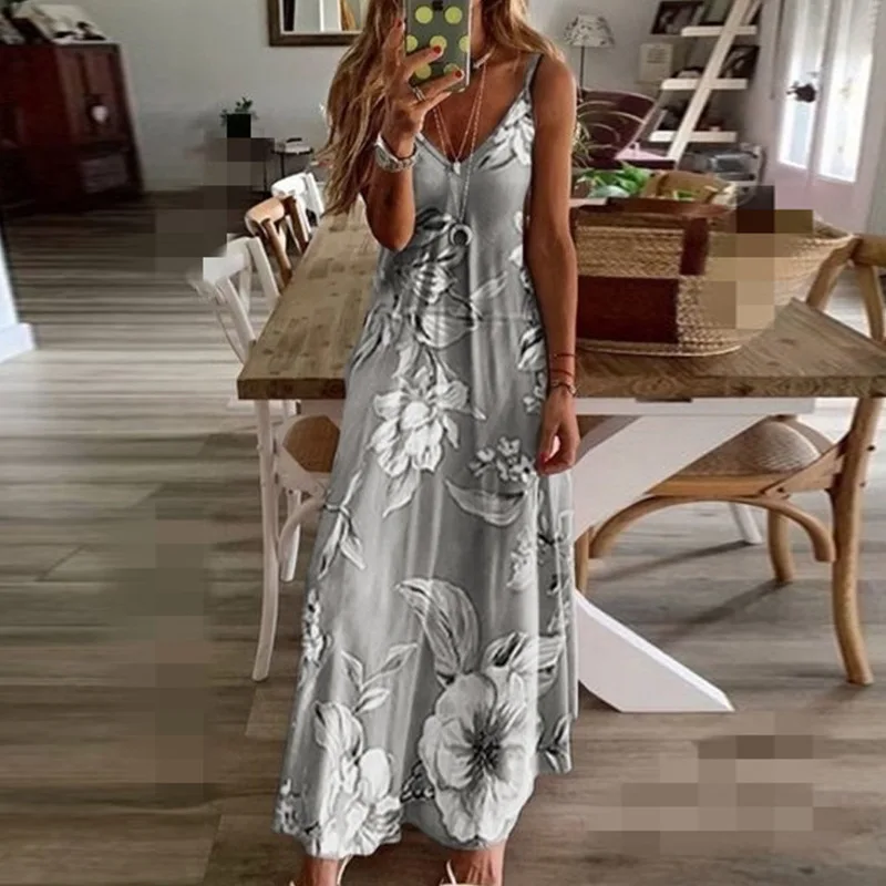 Plus Size Lady Spring Summer Dress Women V-Neck Long Dresses Elegant Casual Bohemian Sleeveless Women Beach Party Dress Woman