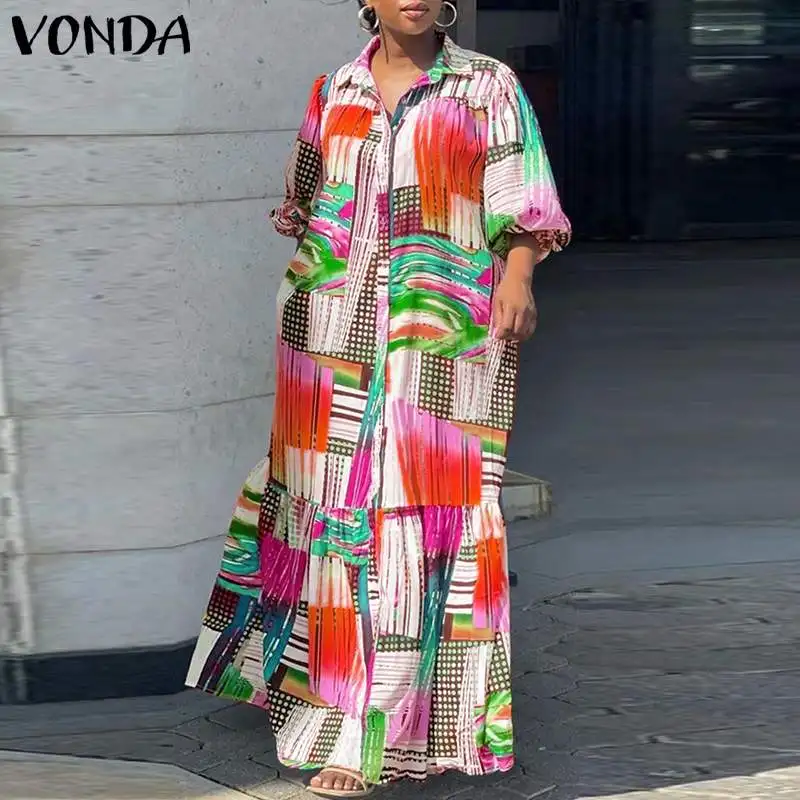 VONDA Plus Size Bohemian Printed Dress 2024 Autumn Women Elegant Long Sleeve Vintage Maxi Sundress Casual Buttons Loose Robe 5XL