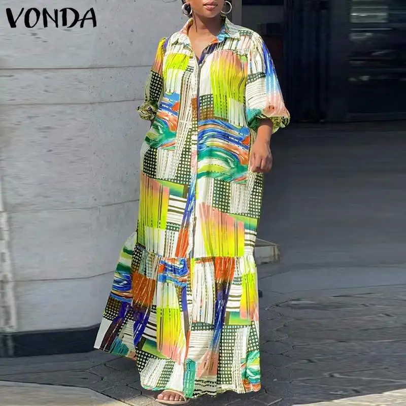 VONDA Plus Size Bohemian Printed Dress 2024 Autumn Women Elegant Long Sleeve Vintage Maxi Sundress Casual Buttons Loose Robe 5XL