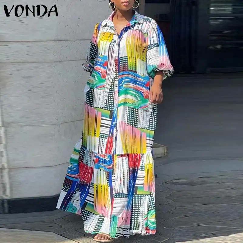 VONDA Plus Size Bohemian Printed Dress 2024 Autumn Women Elegant Long Sleeve Vintage Maxi Sundress Casual Buttons Loose Robe 5XL