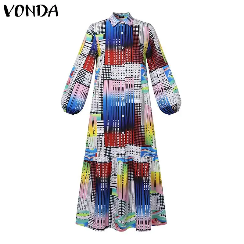 VONDA Plus Size Bohemian Printed Dress 2024 Autumn Women Elegant Long Sleeve Vintage Maxi Sundress Casual Buttons Loose Robe 5XL