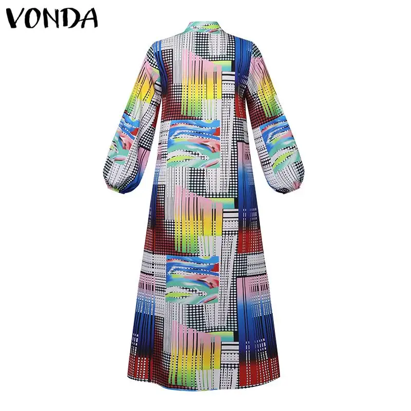 VONDA Plus Size Bohemian Printed Dress 2024 Autumn Women Elegant Long Sleeve Vintage Maxi Sundress Casual Buttons Loose Robe 5XL