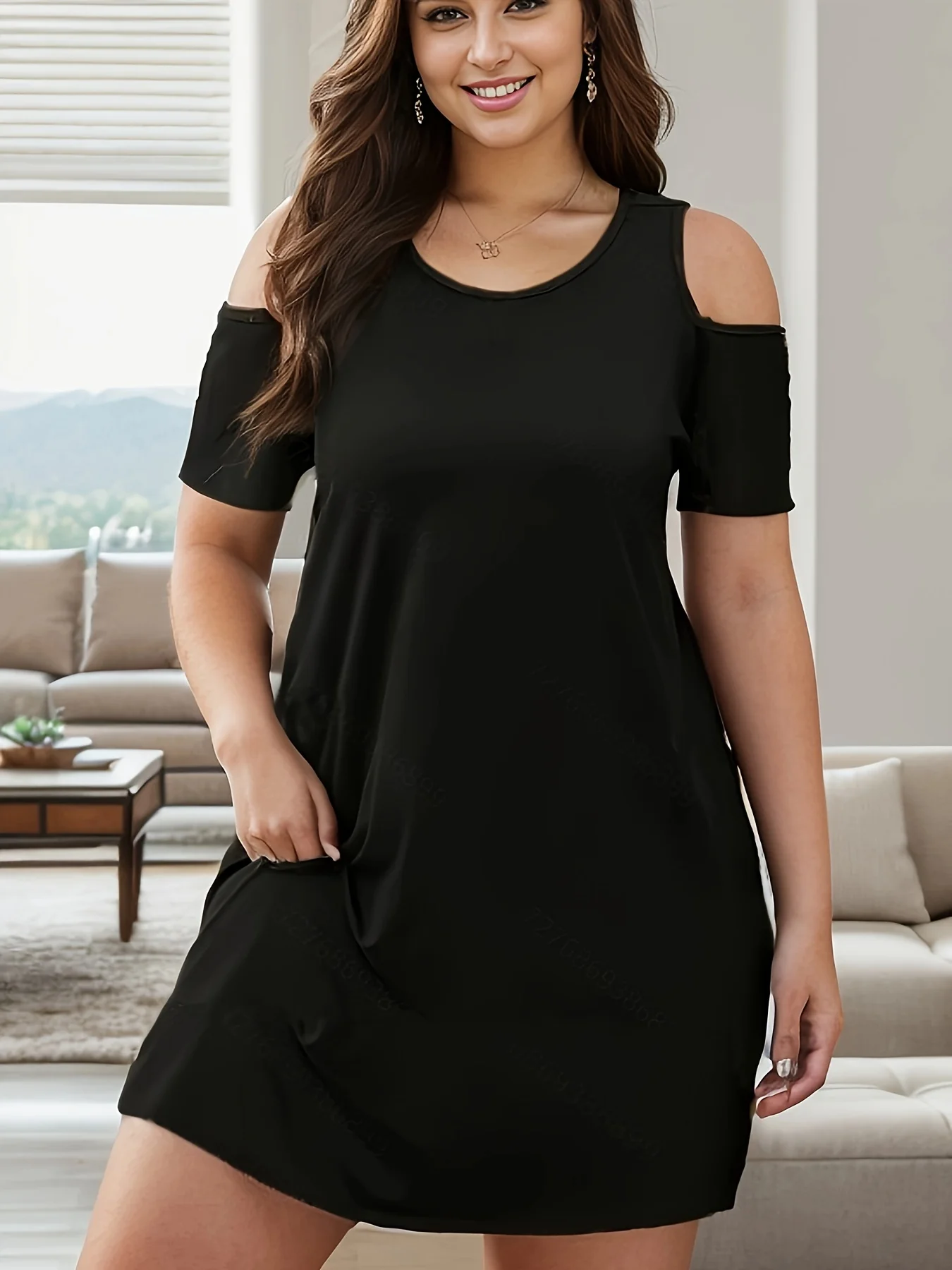 Spring/Summer Leisure Round Neck Fashion Plus Size Solid Color Off Shoulder Dress Women's Plus Size Clothing