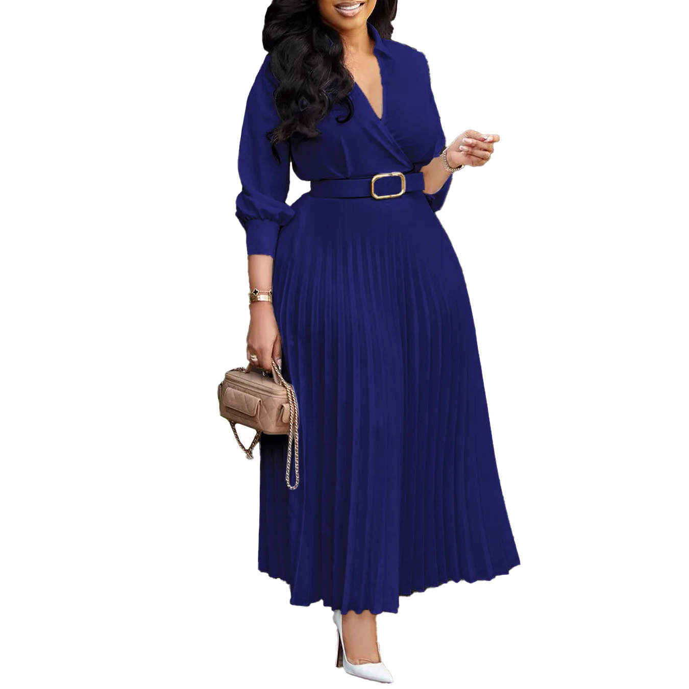 Plus Size Spring New Solid Color Matching Belt V-Neck 3/4 Sleeves Fashion Commuting Slim Fit Mid Length Elegant Style Dress