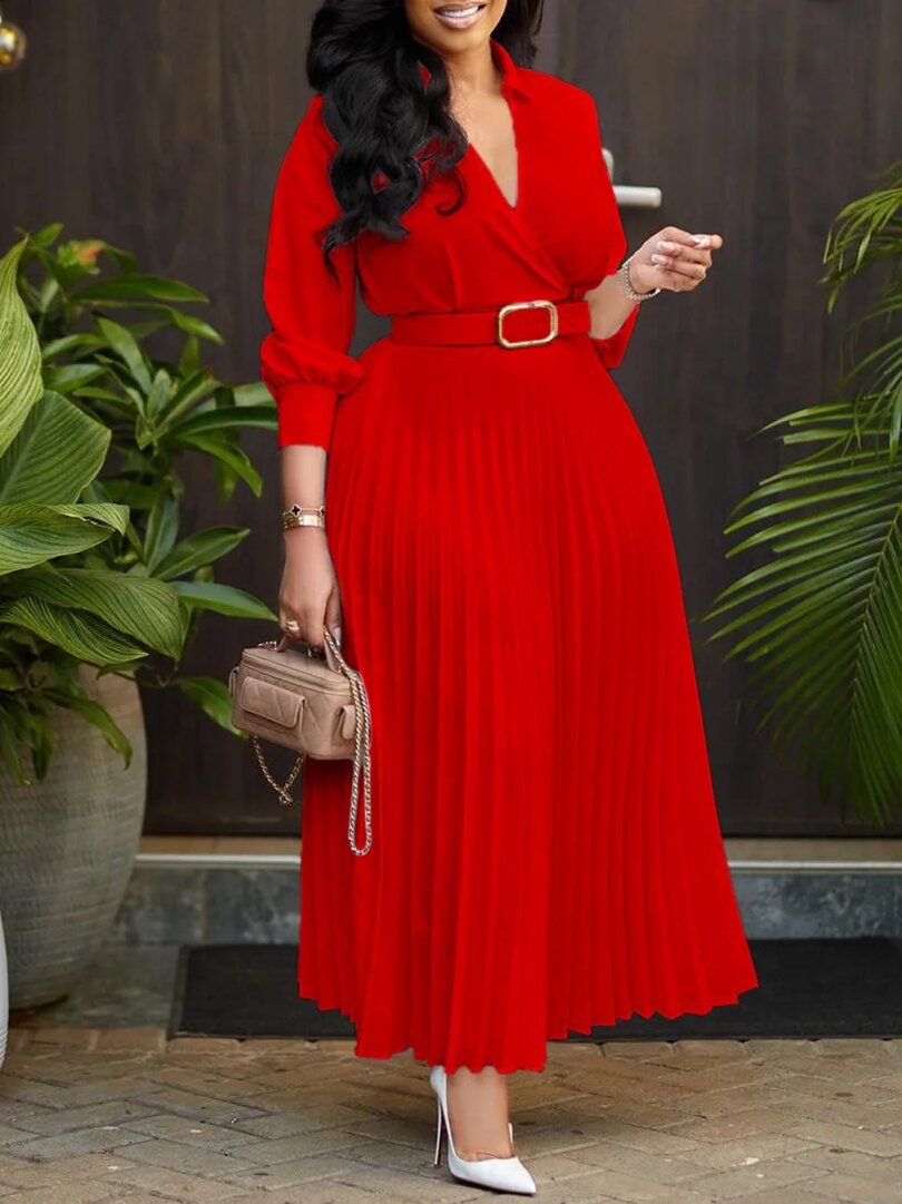 Plus Size Spring New Solid Color Matching Belt V-Neck 3/4 Sleeves Fashion Commuting Slim Fit Mid Length Elegant Style Dress - Image 4