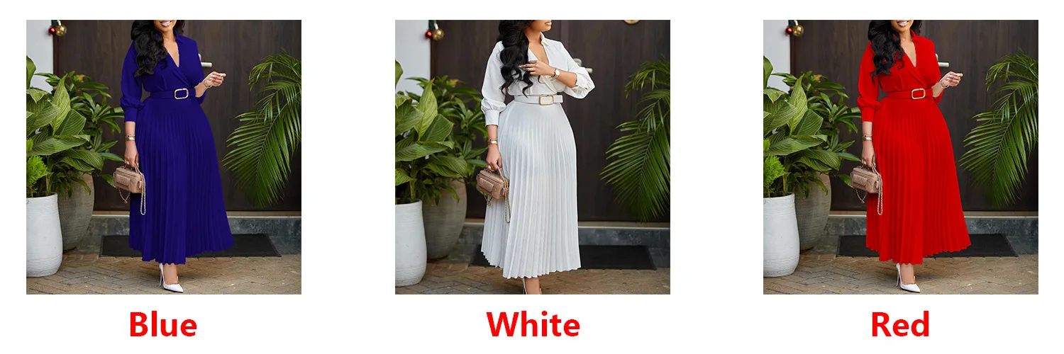 Plus Size Spring New Solid Color Matching Belt V-Neck 3/4 Sleeves Fashion Commuting Slim Fit Mid Length Elegant Style Dress