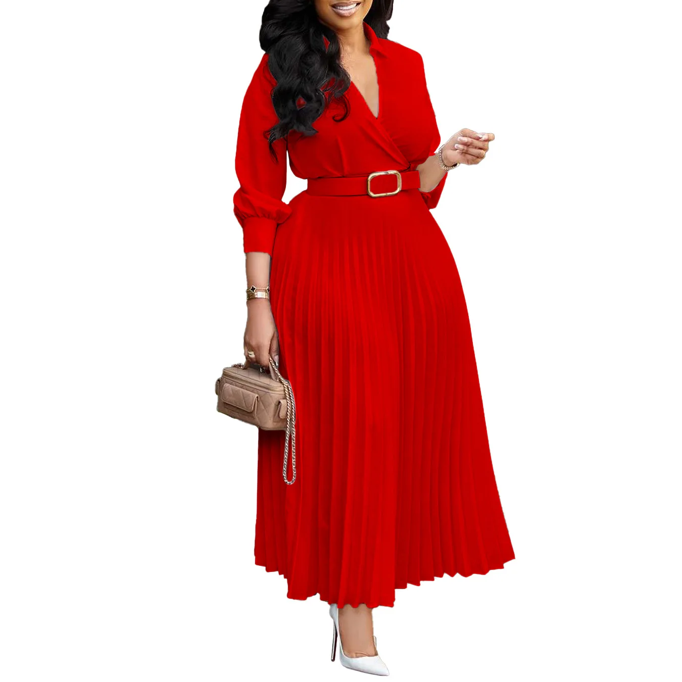 Plus Size Spring New Solid Color Matching Belt V-Neck 3/4 Sleeves Fashion Commuting Slim Fit Mid Length Elegant Style Dress