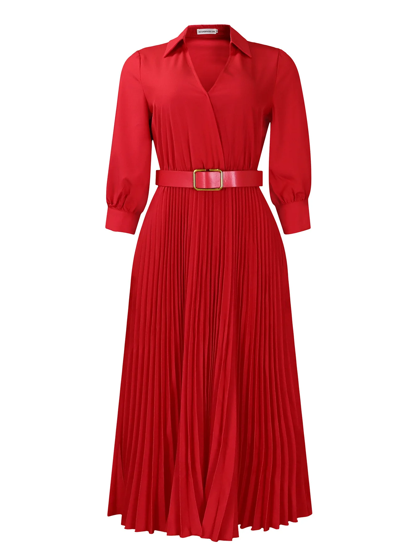 Plus Size Spring New Solid Color Matching Belt V-Neck 3/4 Sleeves Fashion Commuting Slim Fit Mid Length Elegant Style Dress