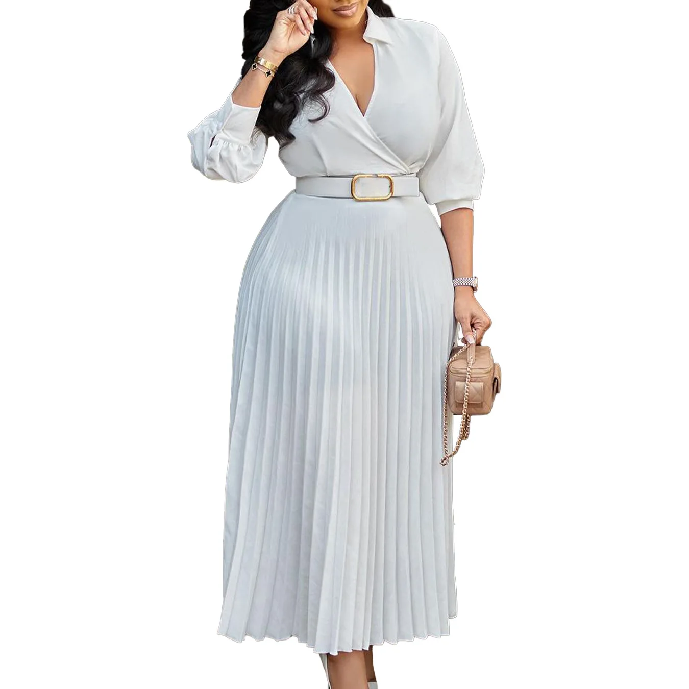 Plus Size Spring New Solid Color Matching Belt V-Neck 3/4 Sleeves Fashion Commuting Slim Fit Mid Length Elegant Style Dress