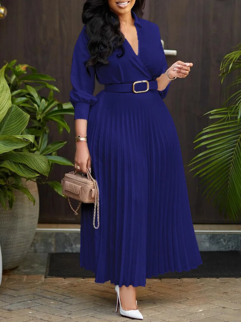 Plus Size Spring New Solid Color Matching Belt V-Neck 3/4 Sleeves Fashion Commuting Slim Fit Mid Length Elegant Style Dress - Image 5