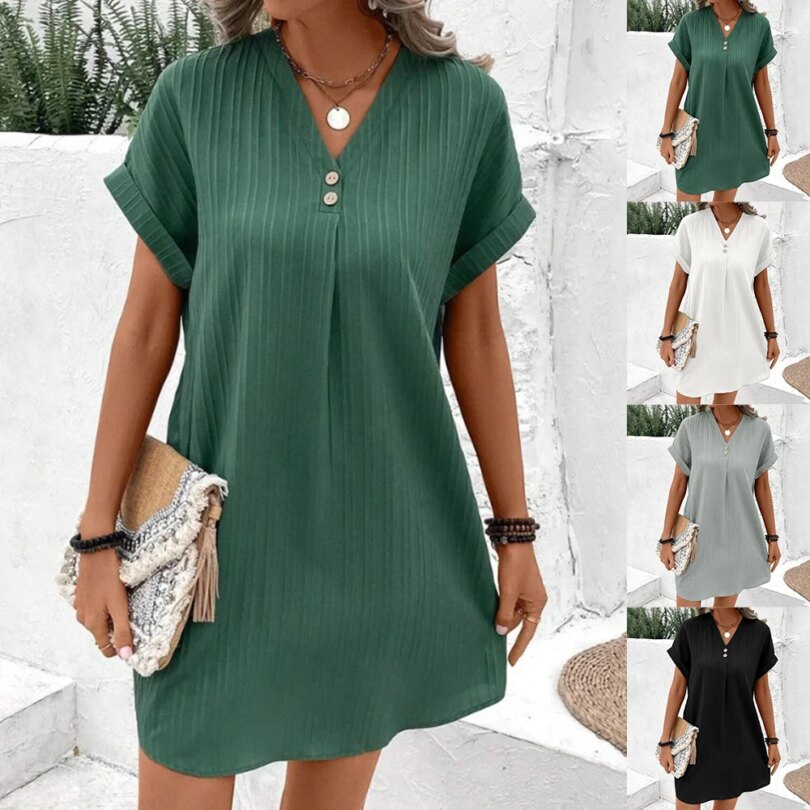 Women's Loose T-Shirt Dress Ladies V Neck Short Sleeve Beach Baggy Solid Sundress Plus Size Clothing 2024 - Image 5