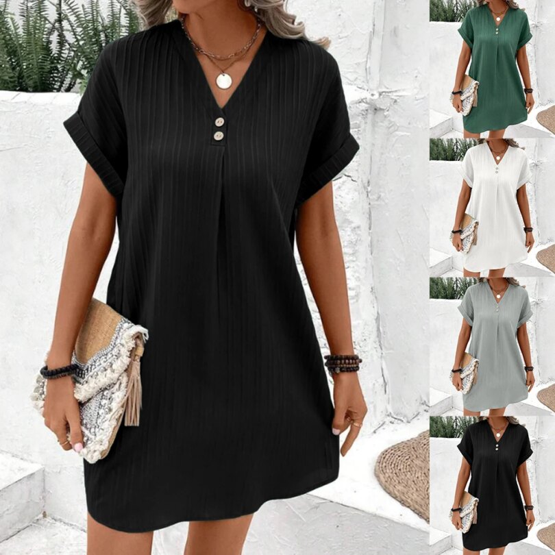 Women's Loose T-Shirt Dress Ladies V Neck Short Sleeve Beach Baggy Solid Sundress Plus Size Clothing 2024 - Image 4