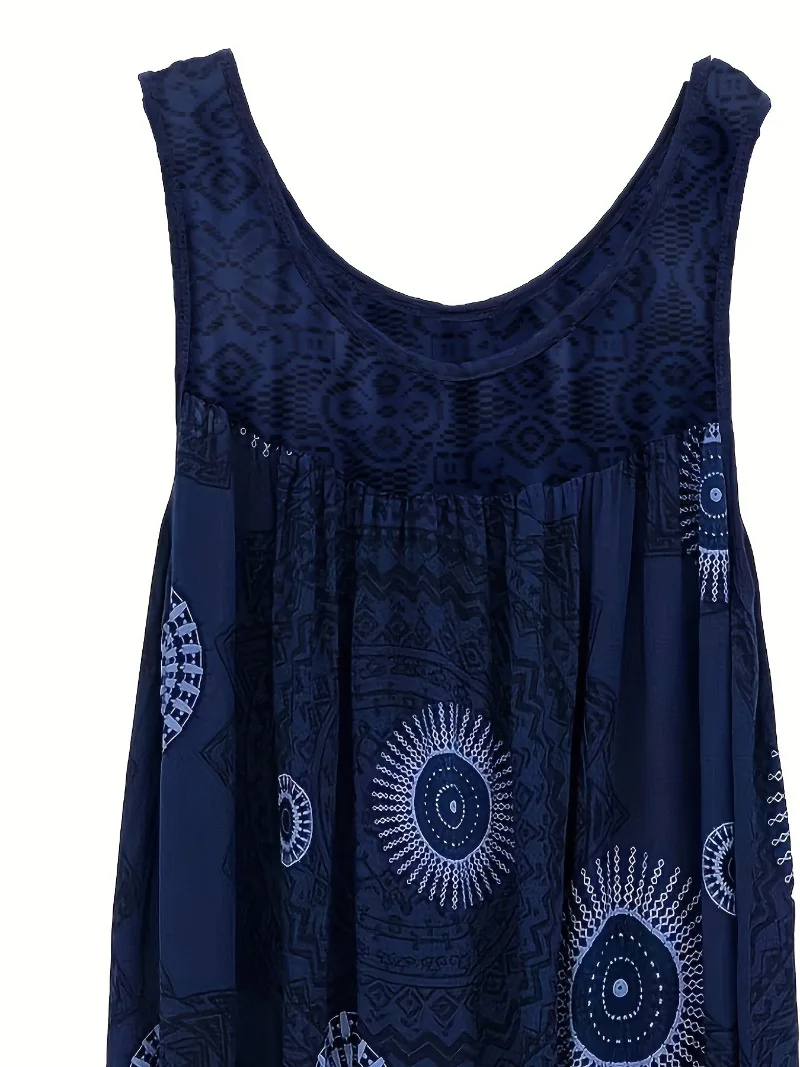 Plus Size 1XL-8XL Women's Sleeveless Dress Lace Panel Printing Sleeveless Large Hem Vest Dress