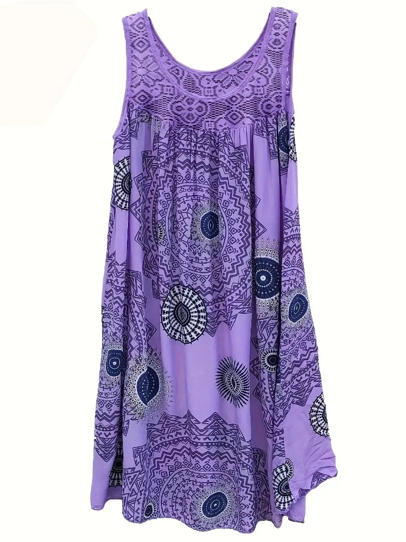 Plus Size 1XL-8XL Women's Sleeveless Dress Lace Panel Printing Sleeveless Large Hem Vest Dress