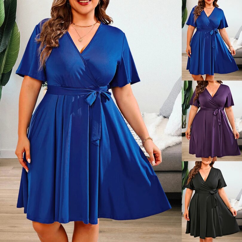 Women Summer Solid Short Sleeve V-Neck A-Line Dress Plus Size Ladies Jersey Casual Elegant Sundress Clothing 2024 - Image 4