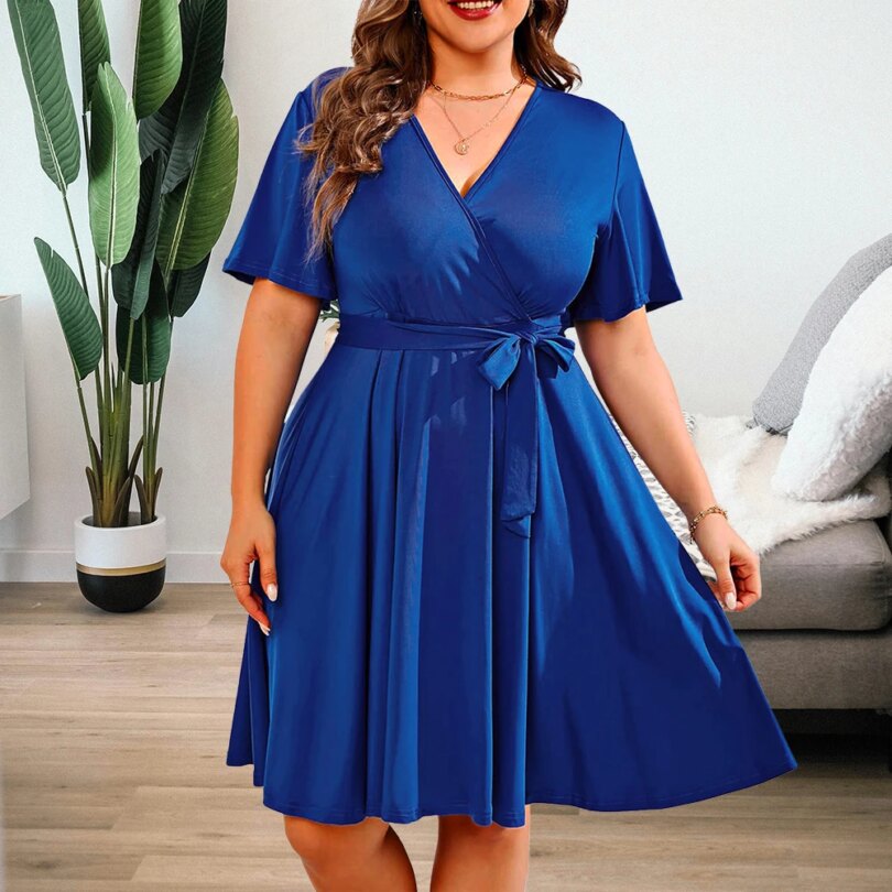 Women Summer Solid Short Sleeve V-Neck A-Line Dress Plus Size Ladies Jersey Casual Elegant Sundress Clothing 2024 - Image 3