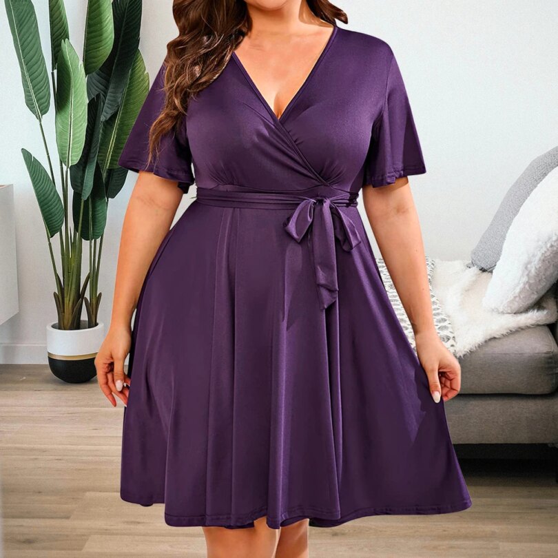 Women Summer Solid Short Sleeve V-Neck A-Line Dress Plus Size Ladies Jersey Casual Elegant Sundress Clothing 2024 - Image 2