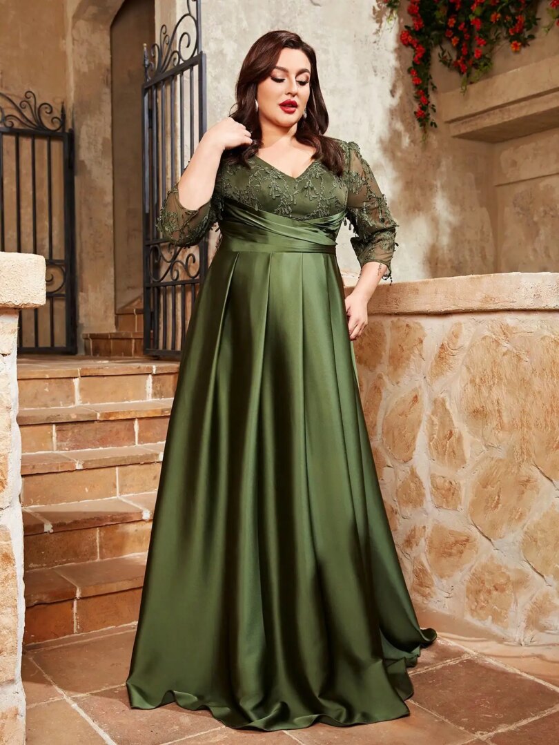 Mgiacy  plus size V-neck lace embroidery Mosaic satin cloth hand-folded long skirt Evening gown ball dress Party dress - Image 5