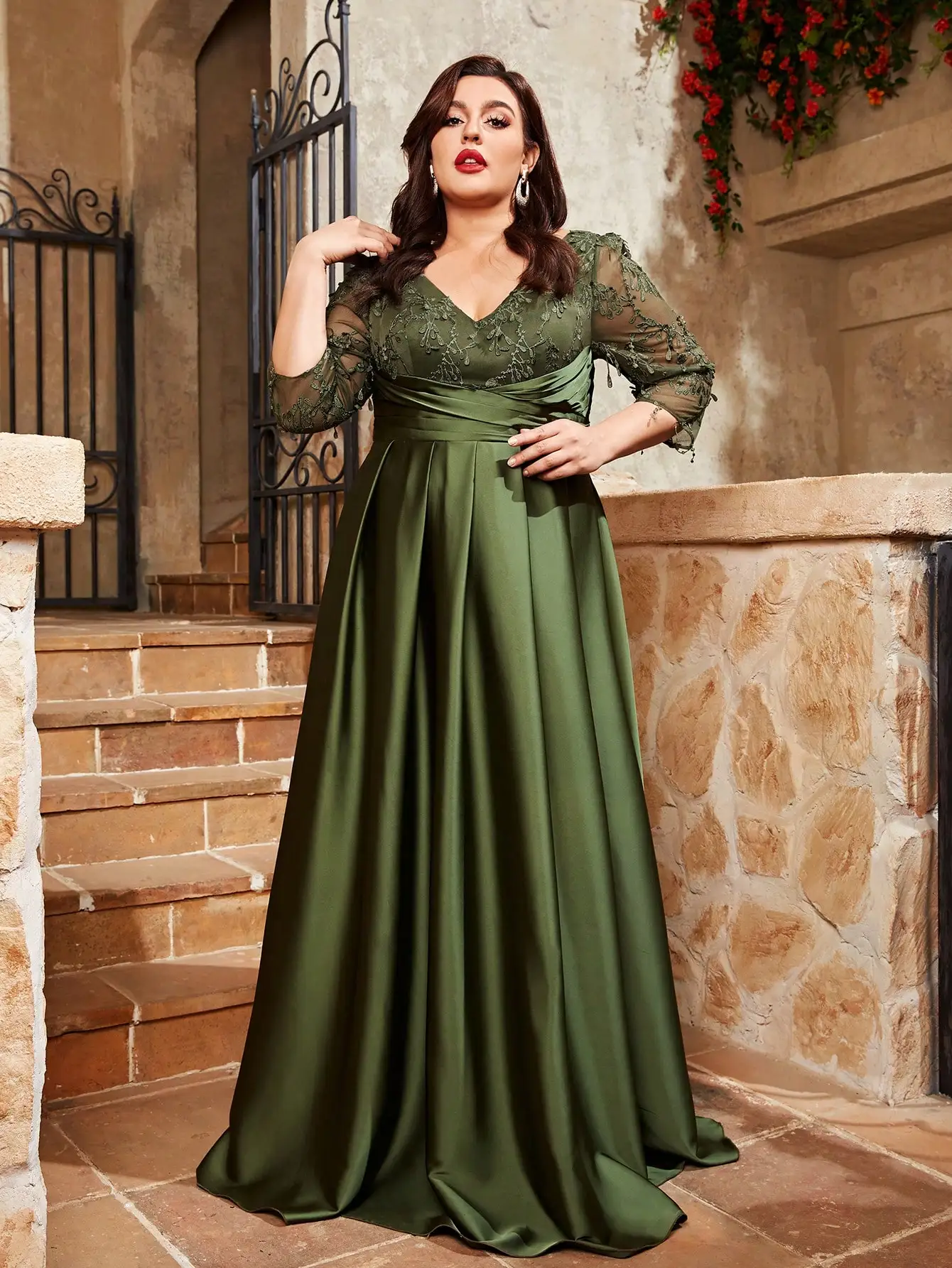 Mgiacy  plus size V-neck lace embroidery Mosaic satin cloth hand-folded long skirt Evening gown ball dress Party dress