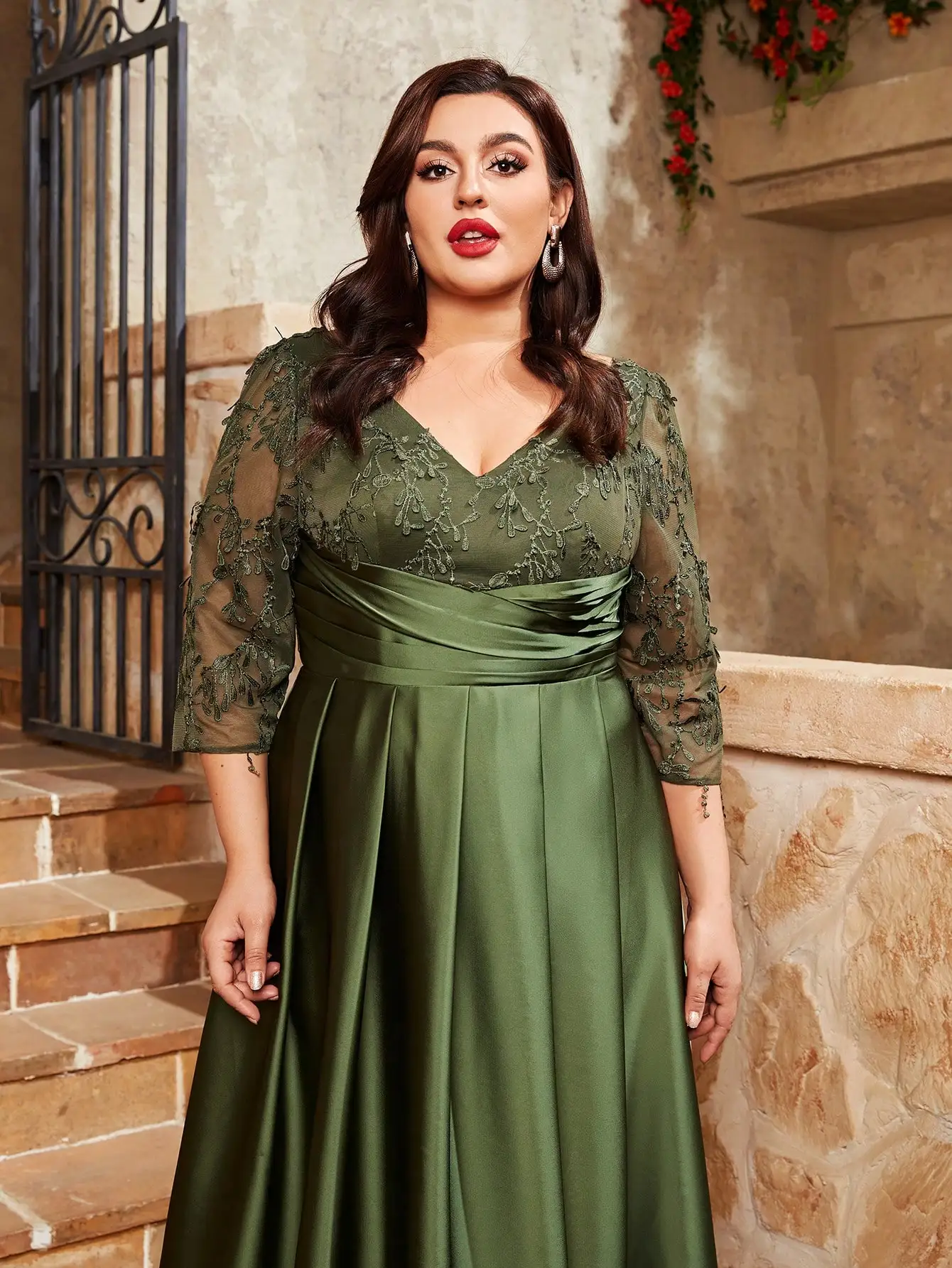 Mgiacy  plus size V-neck lace embroidery Mosaic satin cloth hand-folded long skirt Evening gown ball dress Party dress