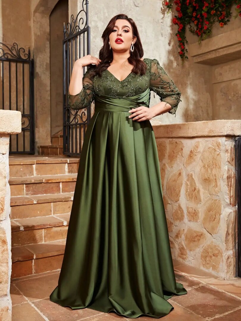 Mgiacy  plus size V-neck lace embroidery Mosaic satin cloth hand-folded long skirt Evening gown ball dress Party dress - Image 6