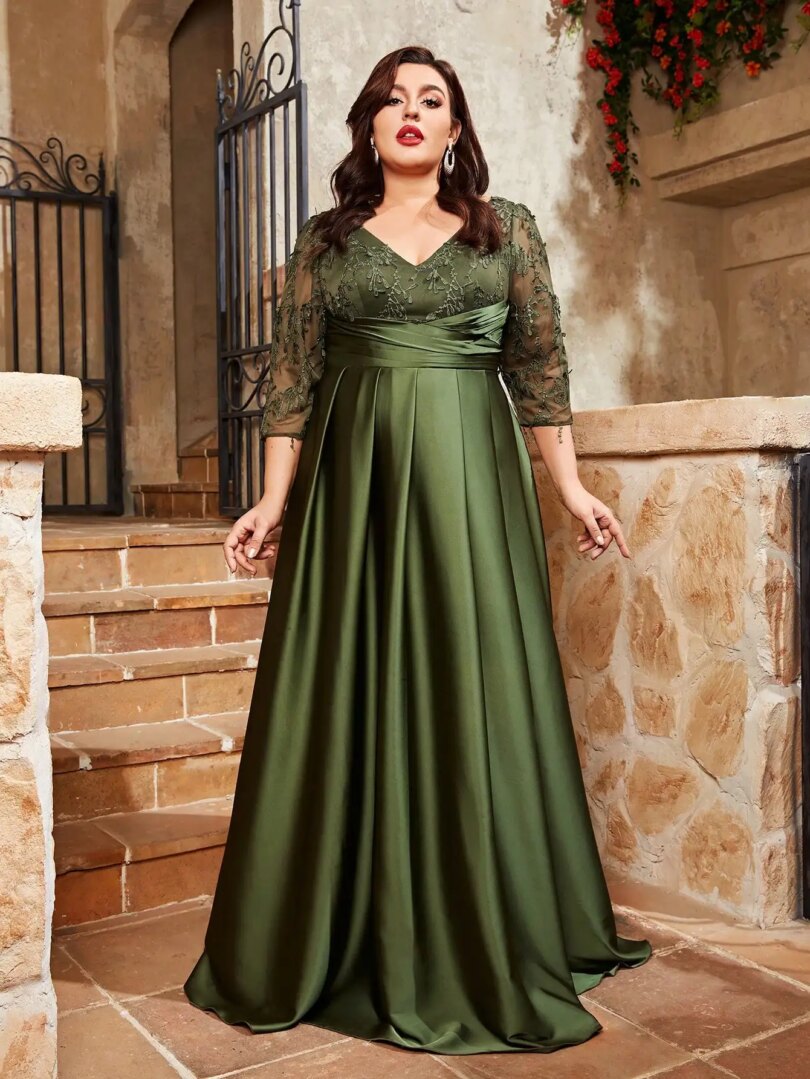 Mgiacy  plus size V-neck lace embroidery Mosaic satin cloth hand-folded long skirt Evening gown ball dress Party dress