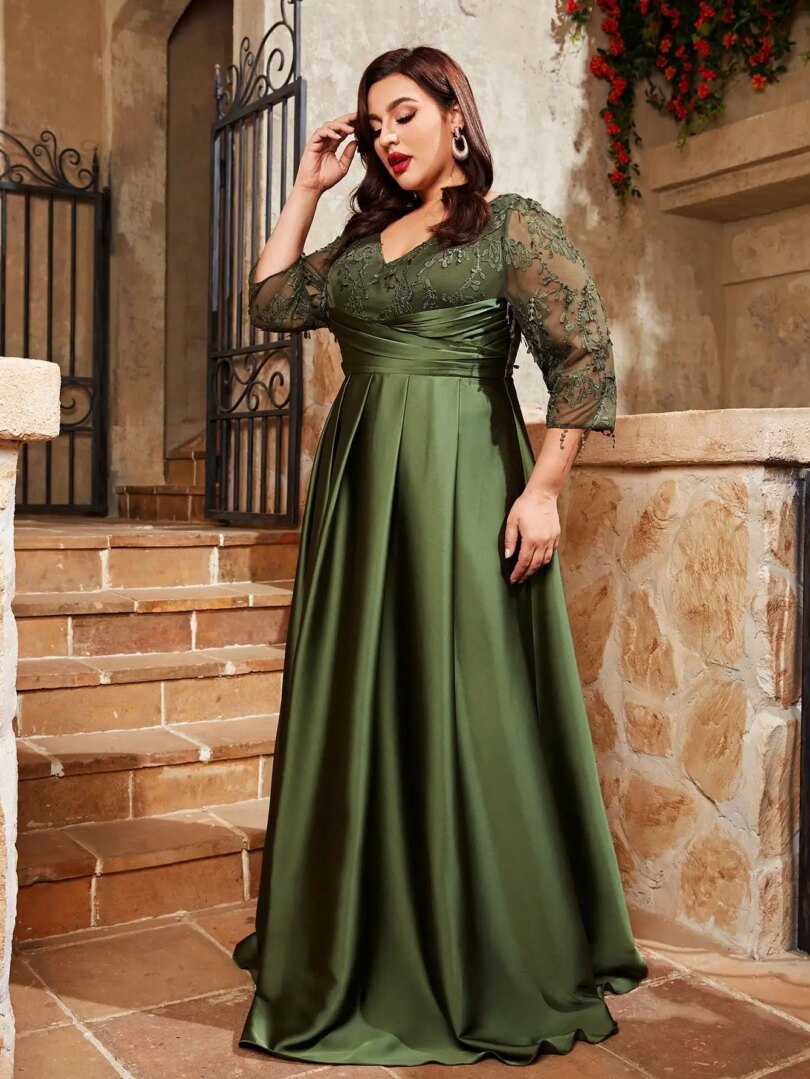 Mgiacy  plus size V-neck lace embroidery Mosaic satin cloth hand-folded long skirt Evening gown ball dress Party dress - Image 4