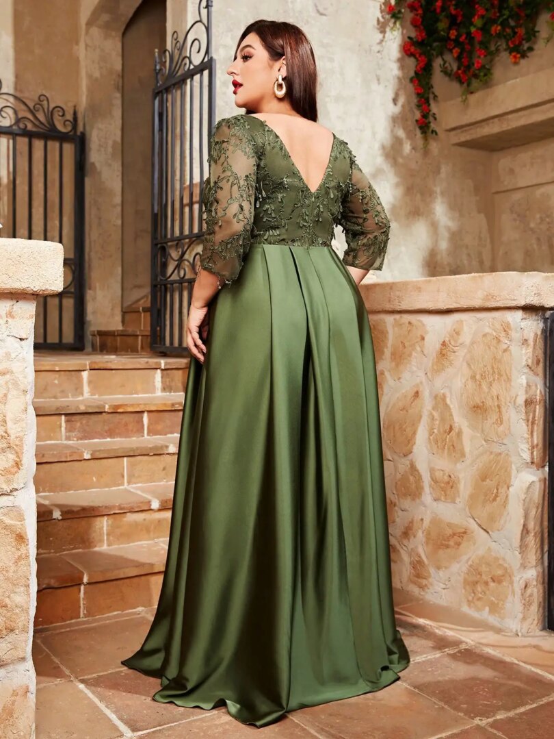 Mgiacy  plus size V-neck lace embroidery Mosaic satin cloth hand-folded long skirt Evening gown ball dress Party dress - Image 2