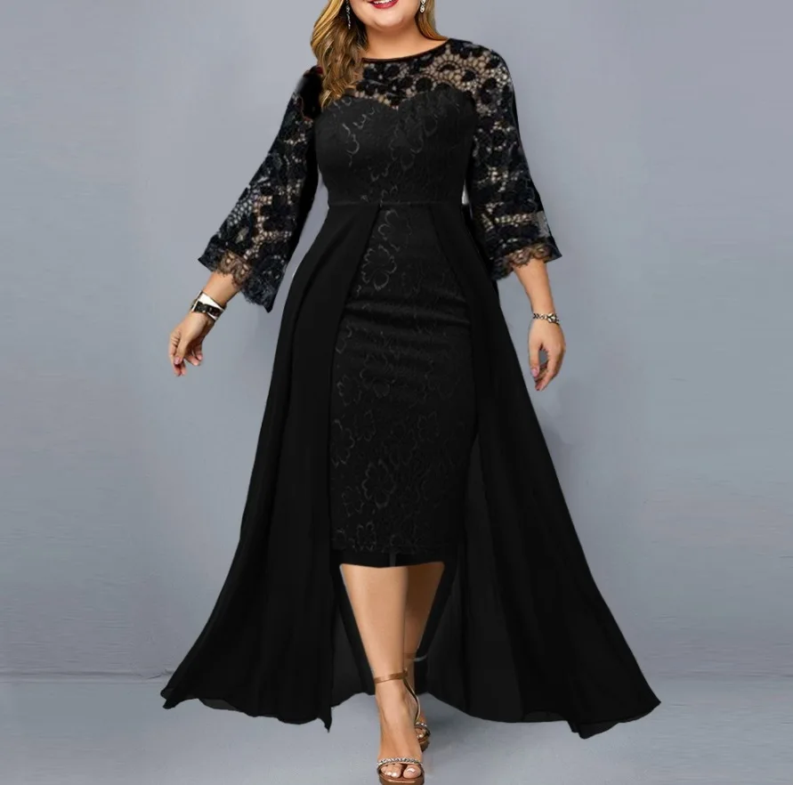 Plus Size Party Dresses for Wedding Guest Women's 2024 Spring Summer Long Sleeve Lace Floral See Through Elegant Bodycon Dress