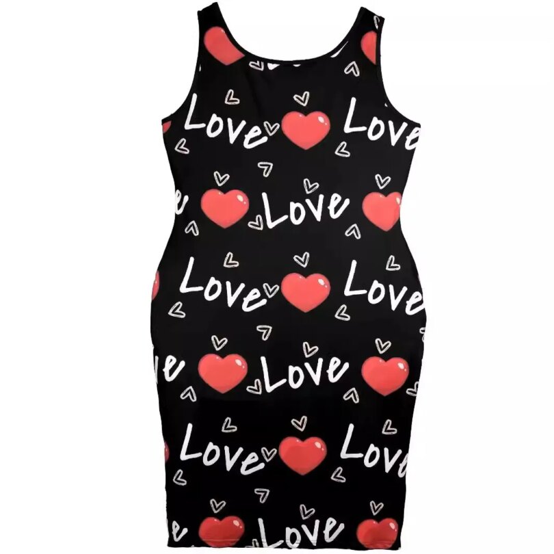 Plus Size Summer Women's Dresses  Fashion Contrast Heart Print U-Neck Sleeveless Casual Bodycon  Mini Dress - Image 2