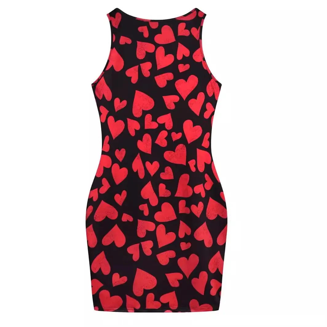 Plus Size Summer Women's Dresses  Fashion Contrast Heart Print U-Neck Sleeveless Casual Bodycon  Mini Dress