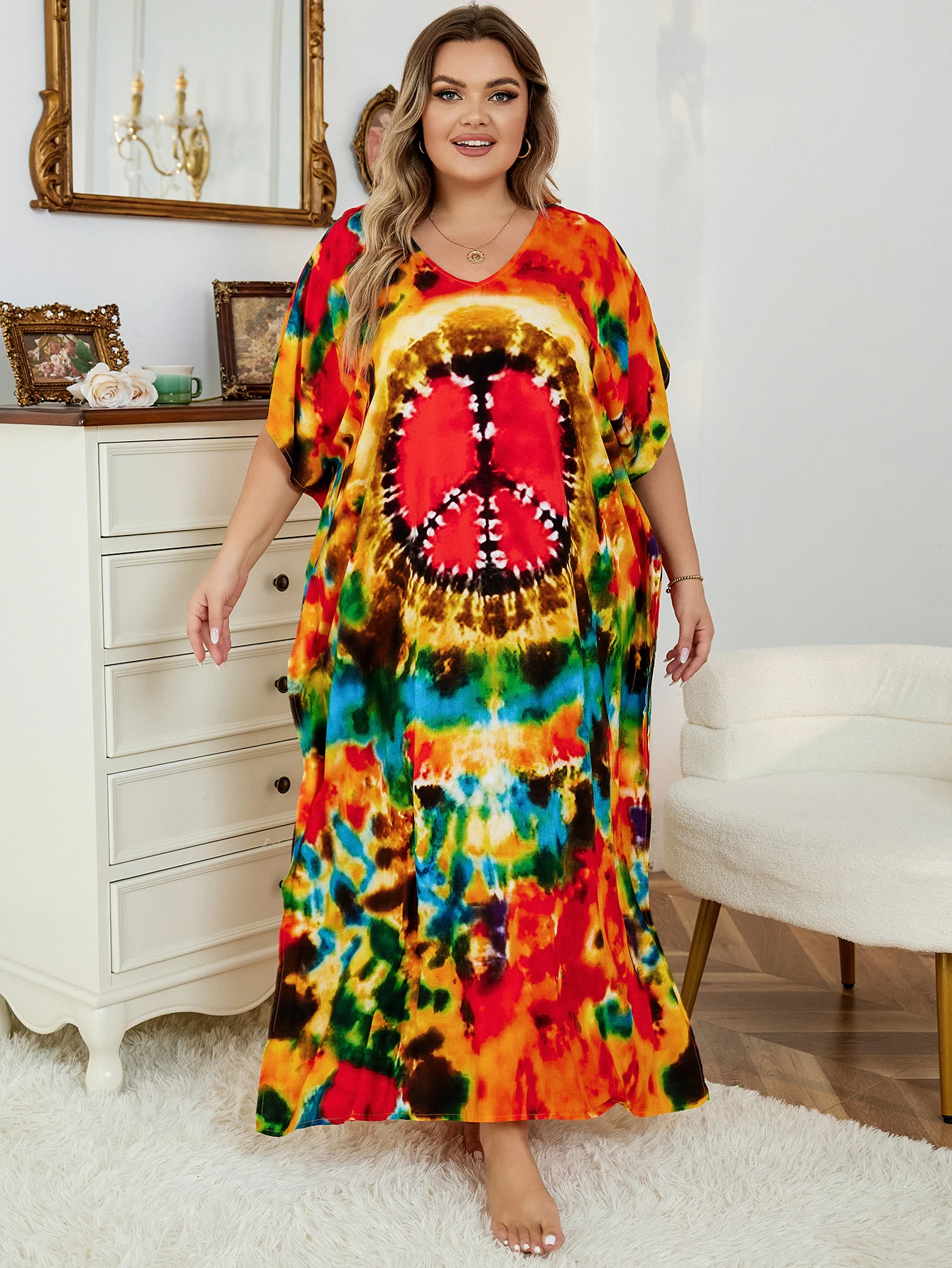 2024 Bohemian Multicolor V Neck Loose Kaftan Dress For Women Summer Casual Plus Size Batwing Sleeve Vacation Long Dress Q1464