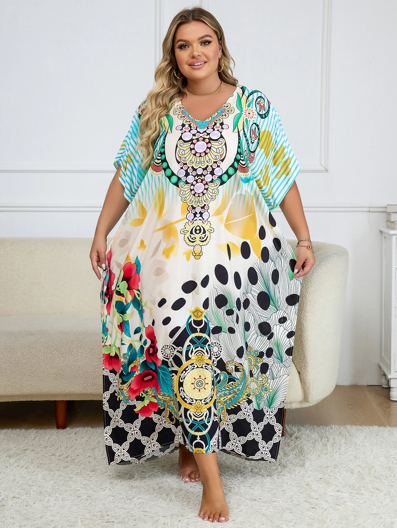 2024 Bohemian Multicolor V Neck Loose Kaftan Dress For Women Summer Casual Plus Size Batwing Sleeve Vacation Long Dress Q1464