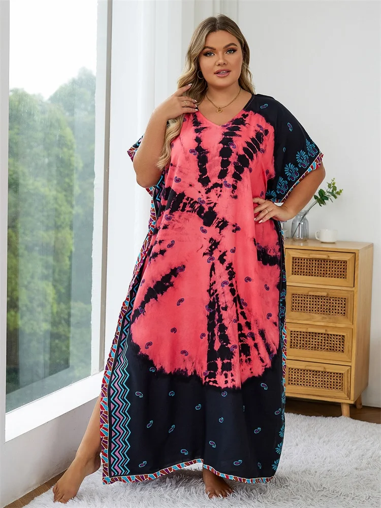 2024 Bohemian Multicolor V Neck Loose Kaftan Dress For Women Summer Casual Plus Size Batwing Sleeve Vacation Long Dress Q1464