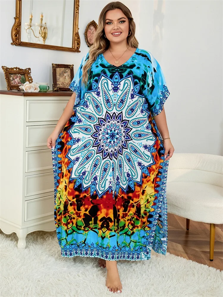 2024 Bohemian Multicolor V Neck Loose Kaftan Dress For Women Summer Casual Plus Size Batwing Sleeve Vacation Long Dress Q1464