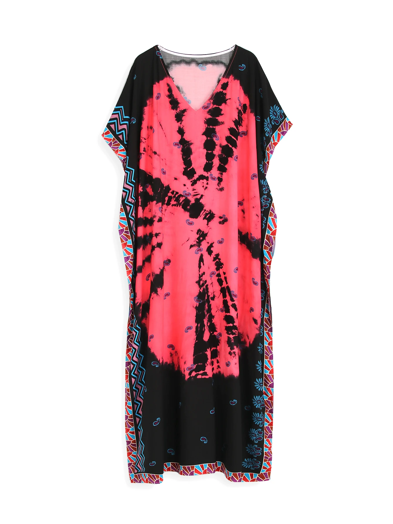 2024 Bohemian Multicolor V Neck Loose Kaftan Dress For Women Summer Casual Plus Size Batwing Sleeve Vacation Long Dress Q1464