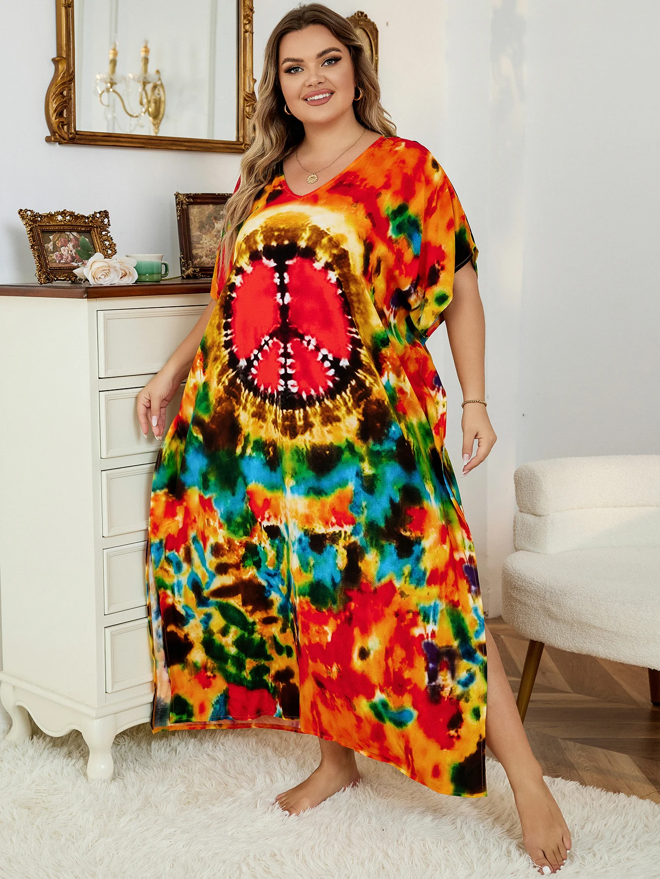 2024 Bohemian Multicolor V Neck Loose Kaftan Dress For Women Summer Casual Plus Size Batwing Sleeve Vacation Long Dress Q1464