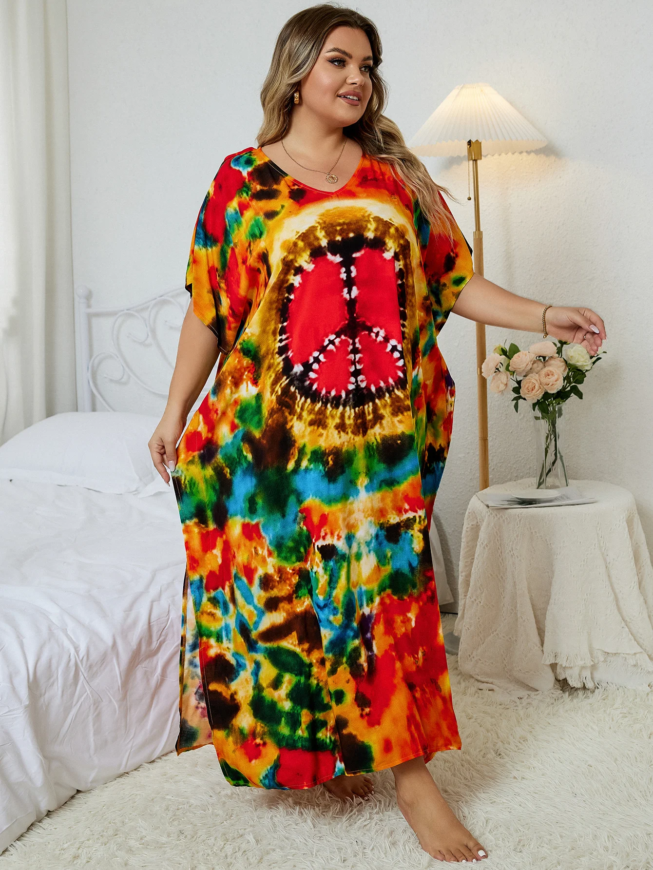 2024 Bohemian Multicolor V Neck Loose Kaftan Dress For Women Summer Casual Plus Size Batwing Sleeve Vacation Long Dress Q1464