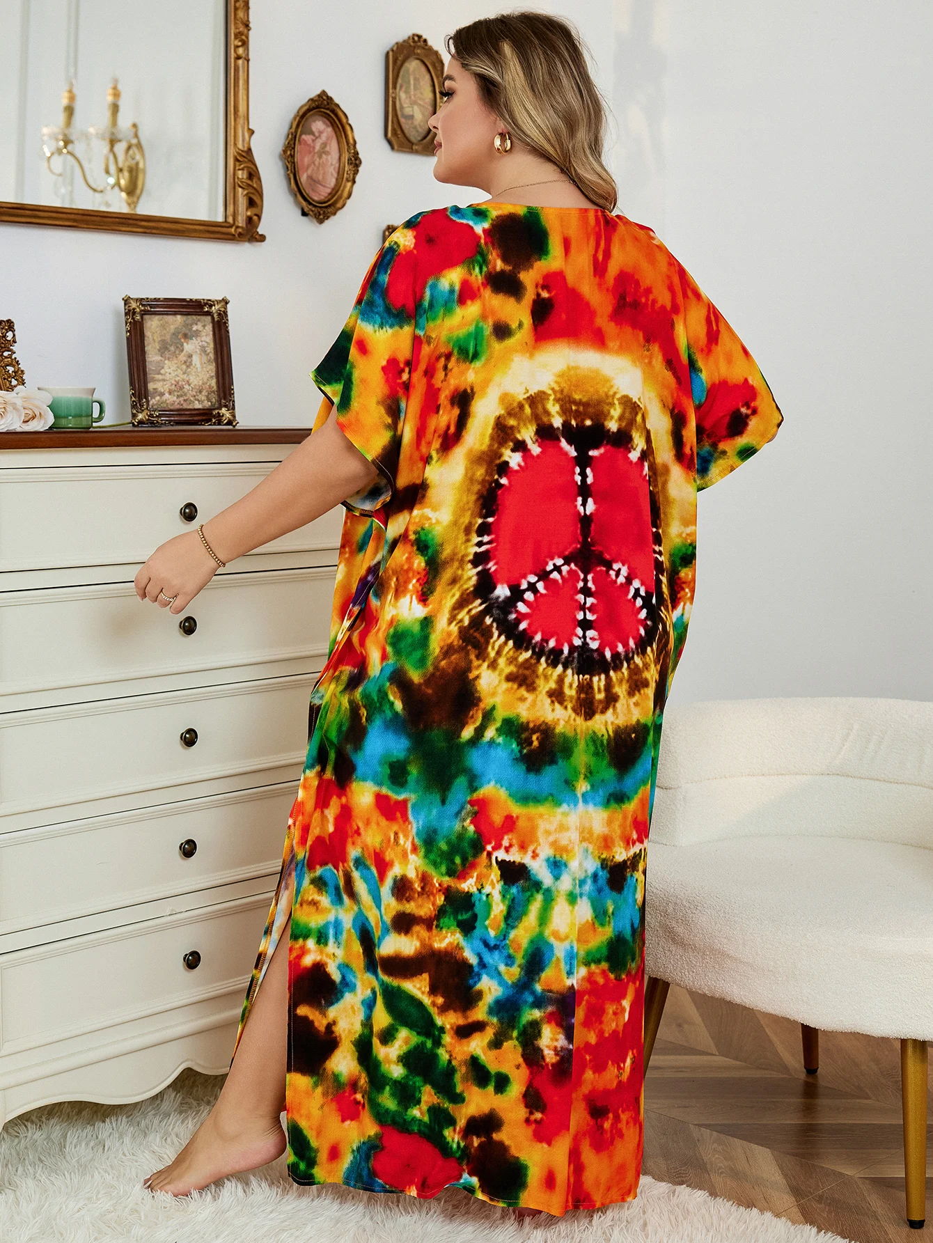 2024 Bohemian Multicolor V Neck Loose Kaftan Dress For Women Summer Casual Plus Size Batwing Sleeve Vacation Long Dress Q1464