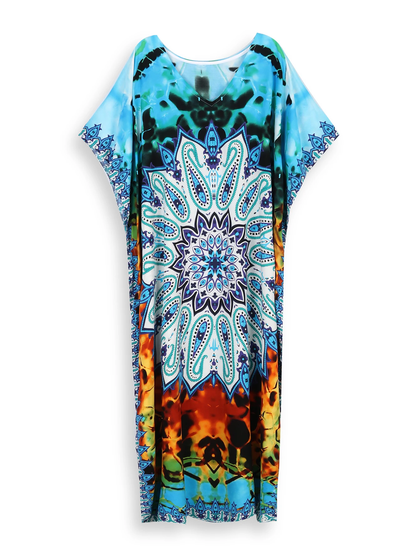 2024 Bohemian Multicolor V Neck Loose Kaftan Dress For Women Summer Casual Plus Size Batwing Sleeve Vacation Long Dress Q1464