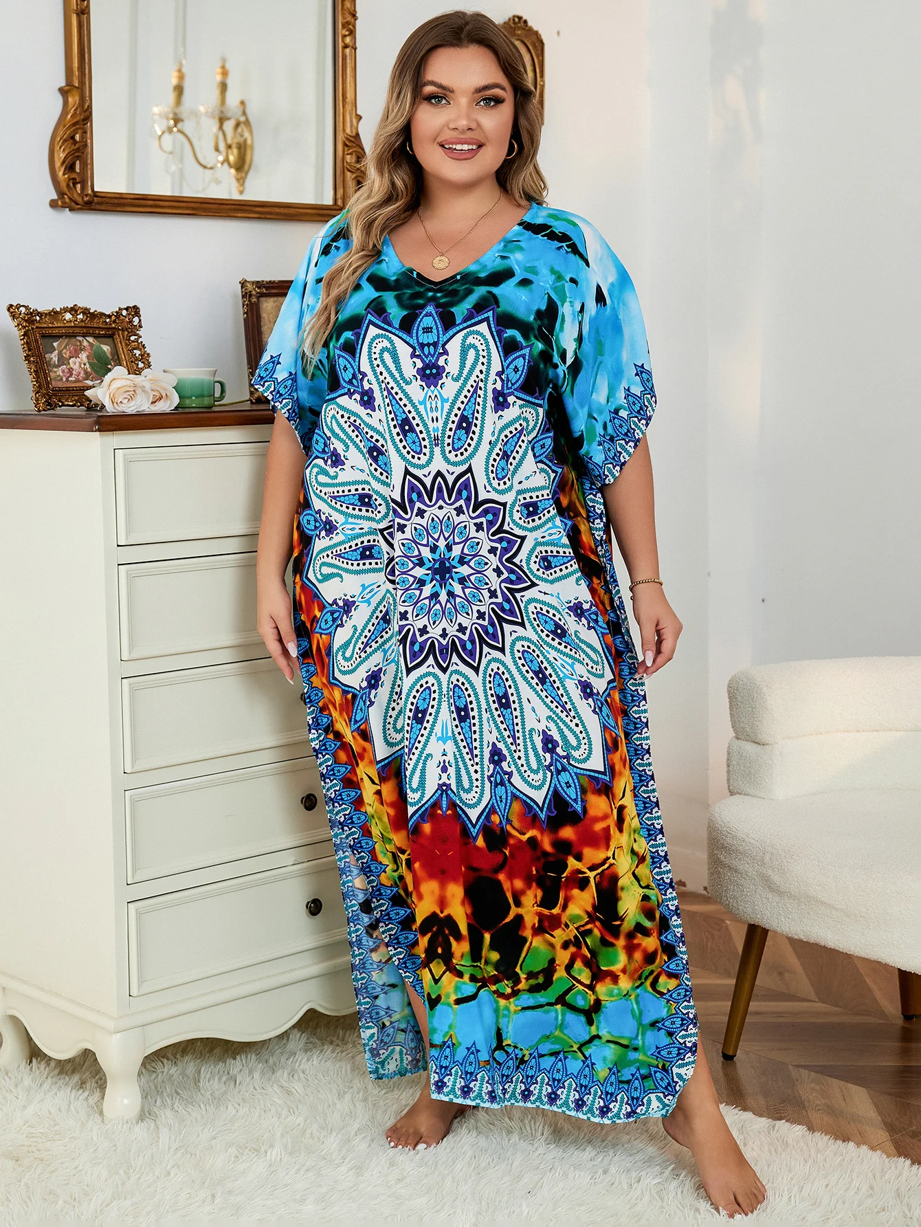 2024 Bohemian Multicolor V Neck Loose Kaftan Dress For Women Summer Casual Plus Size Batwing Sleeve Vacation Long Dress Q1464