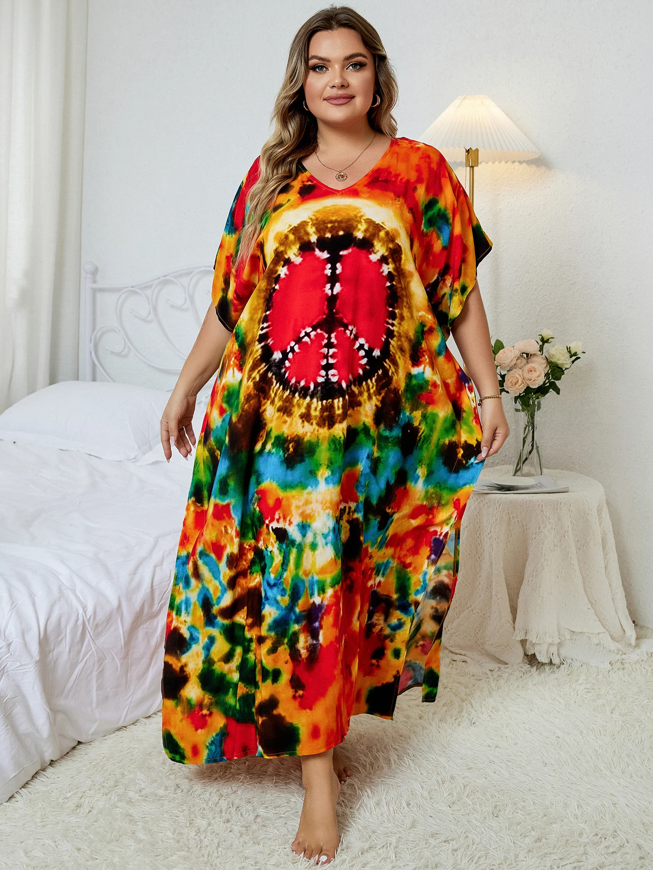 2024 Bohemian Multicolor V Neck Loose Kaftan Dress For Women Summer Casual Plus Size Batwing Sleeve Vacation Long Dress Q1464