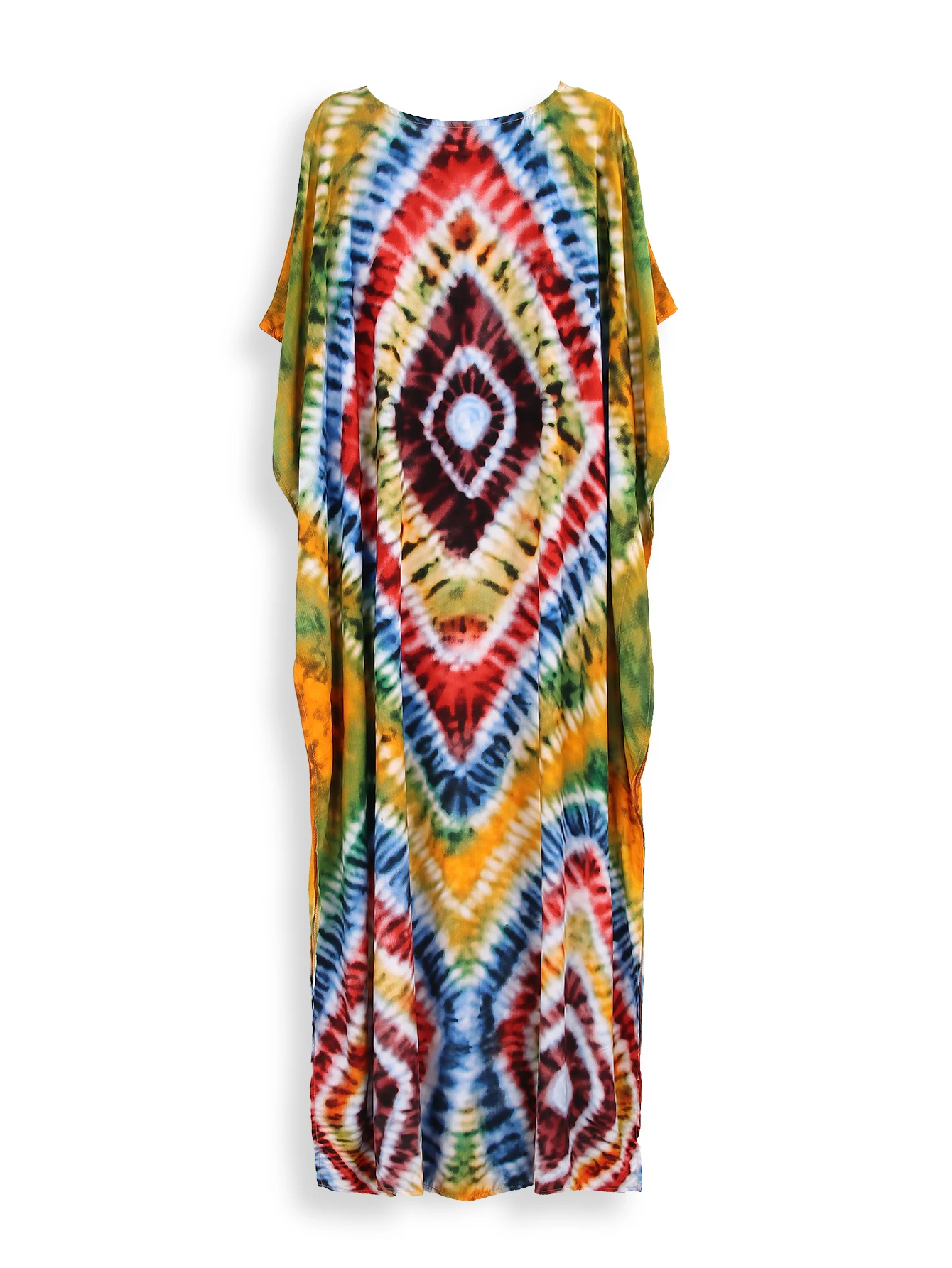 2024 Bohemian Multicolor V Neck Loose Kaftan Dress For Women Summer Casual Plus Size Batwing Sleeve Vacation Long Dress Q1464