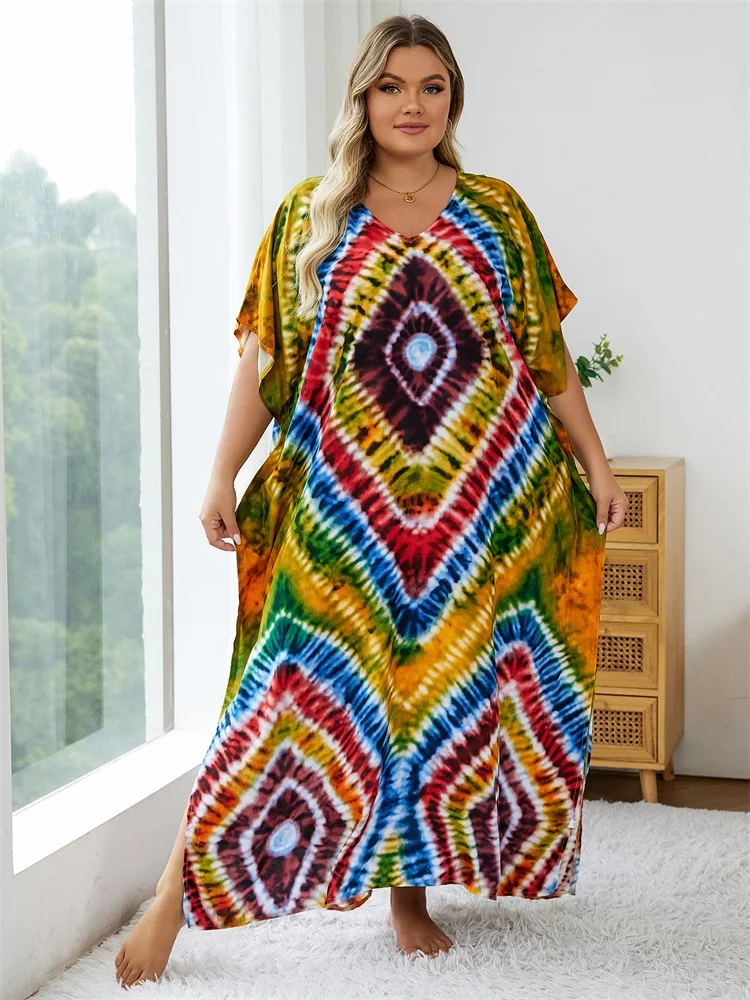 2024 Bohemian Multicolor V Neck Loose Kaftan Dress For Women Summer Casual Plus Size Batwing Sleeve Vacation Long Dress Q1464