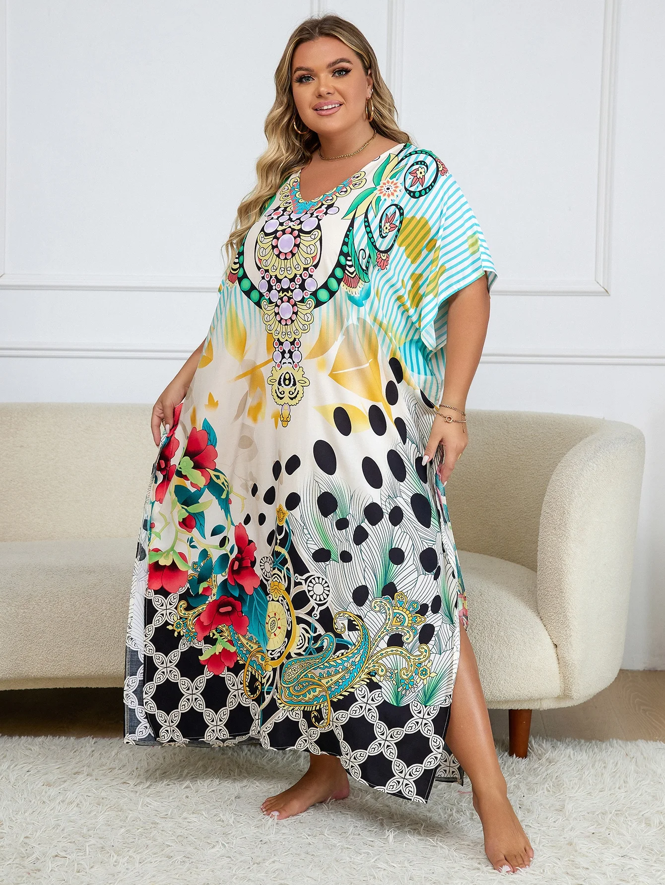 2024 Bohemian Multicolor V Neck Loose Kaftan Dress For Women Summer Casual Plus Size Batwing Sleeve Vacation Long Dress Q1464