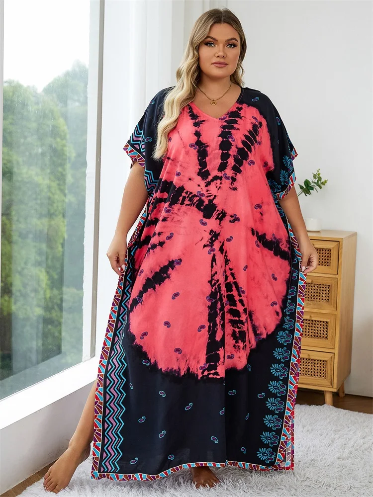 2024 Bohemian Multicolor V Neck Loose Kaftan Dress For Women Summer Casual Plus Size Batwing Sleeve Vacation Long Dress Q1464