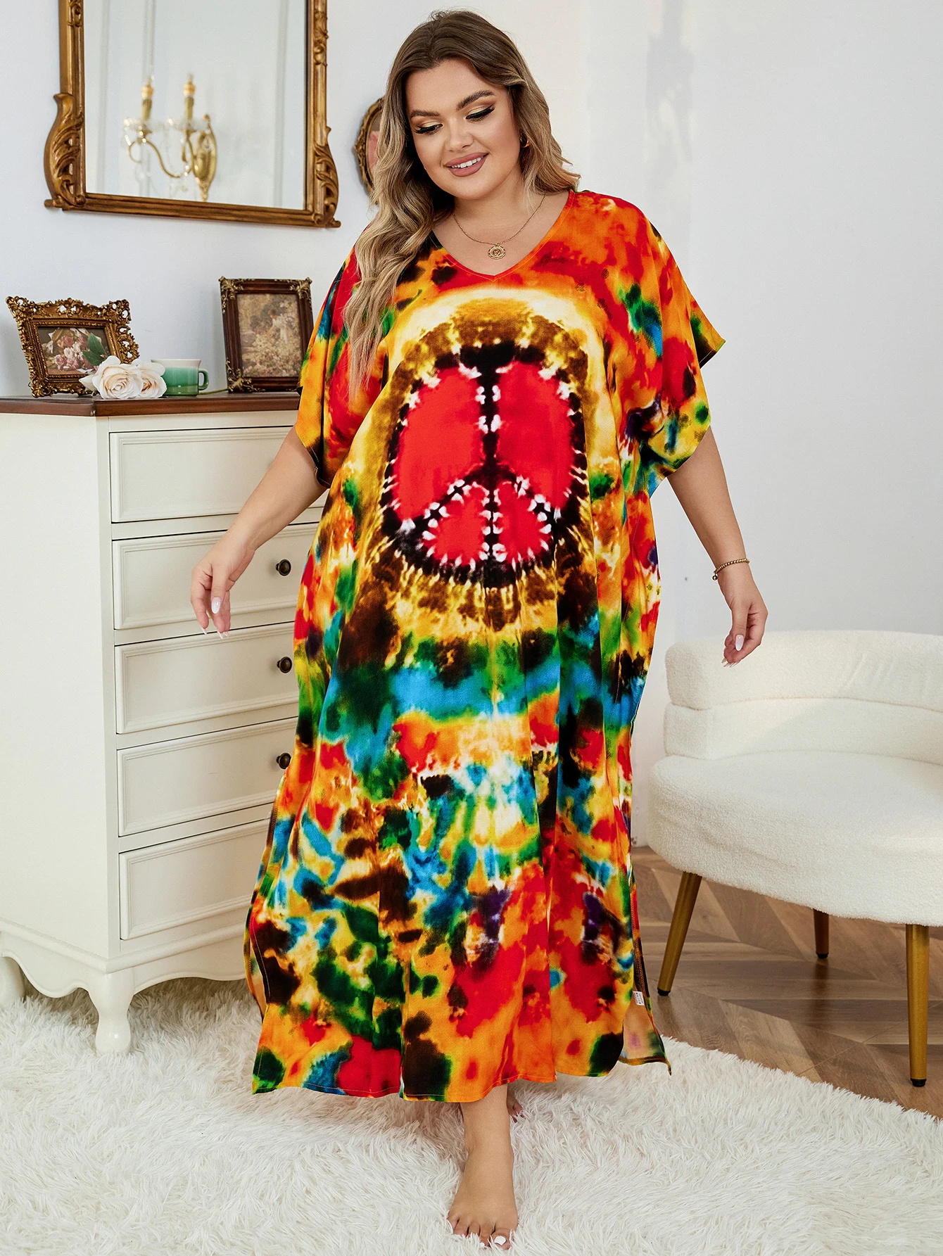 2024 Bohemian Multicolor V Neck Loose Kaftan Dress For Women Summer Casual Plus Size Batwing Sleeve Vacation Long Dress Q1464